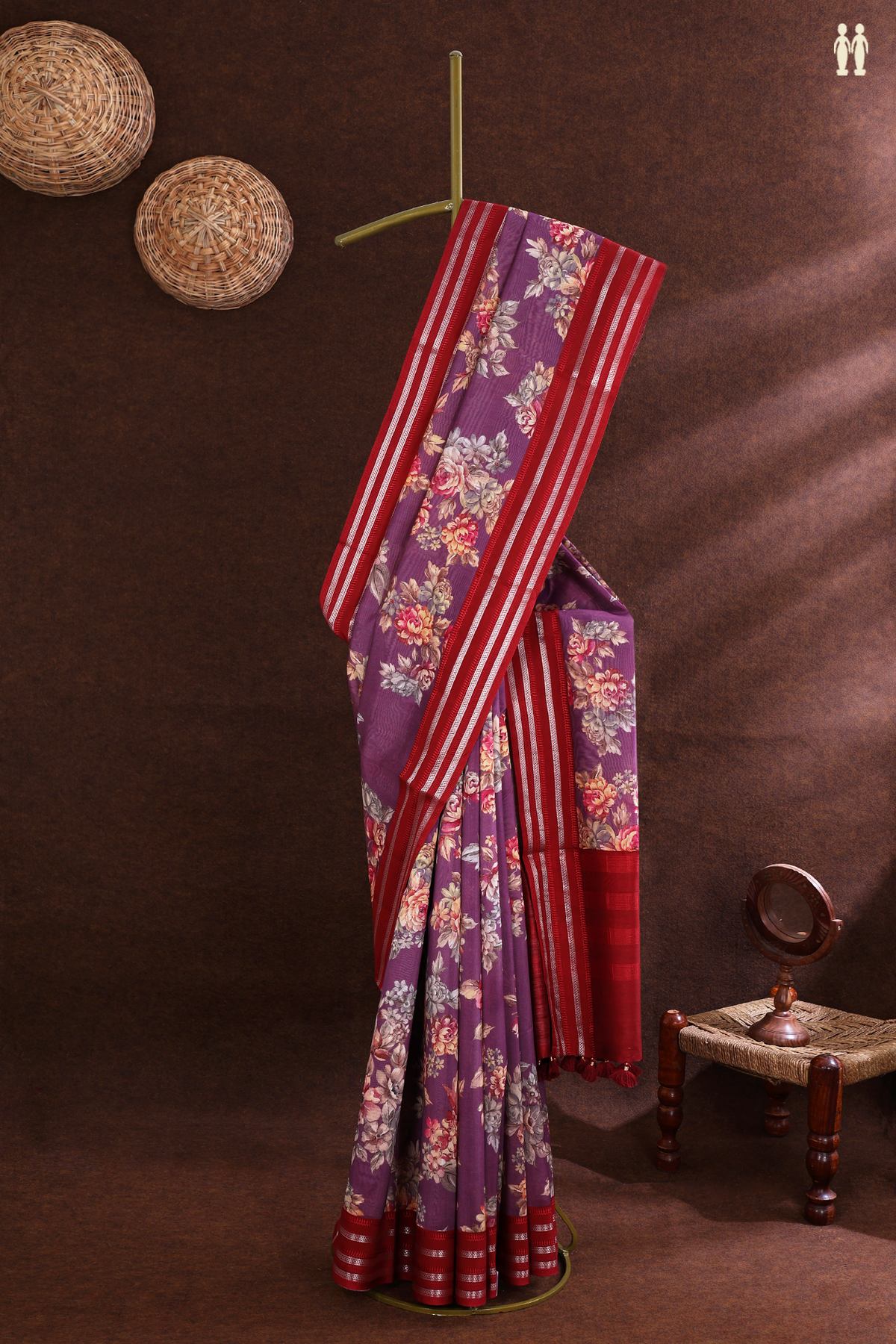 Chanderi Silk Cotton Saree In Dusty Purple With Floral Print