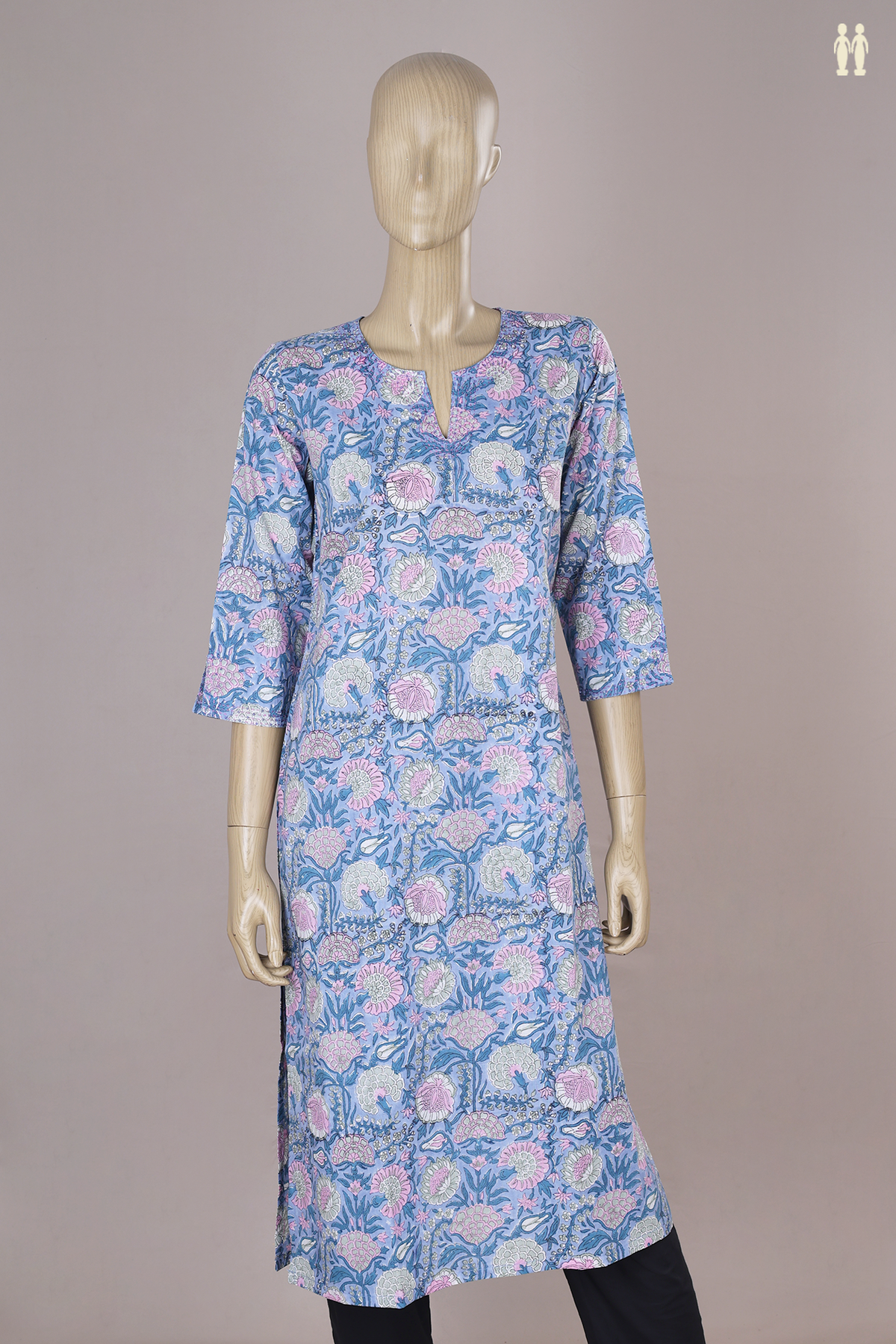 V Neck Floral Design Blue Jaipur Cotton Long Kurta