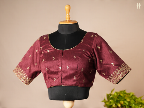 Floral Buttis Maroon Semi Banaras Readymade Padded Blouse