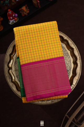 Allover Checks Design Honey Yellow Kanchipuram Silk Saree