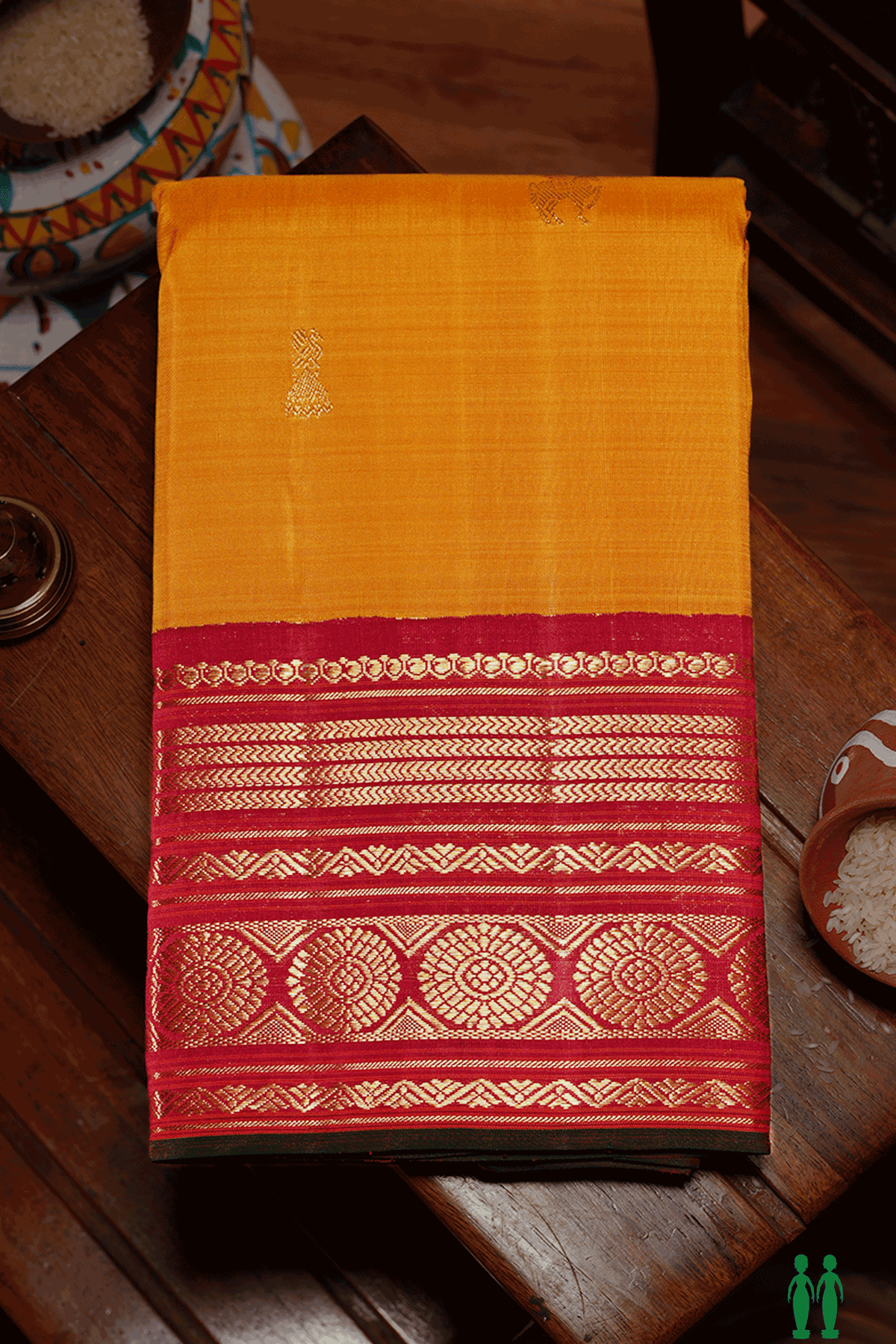 Peacock Horse Buttas Mustard Yellow Kanchipuram Silk Saree