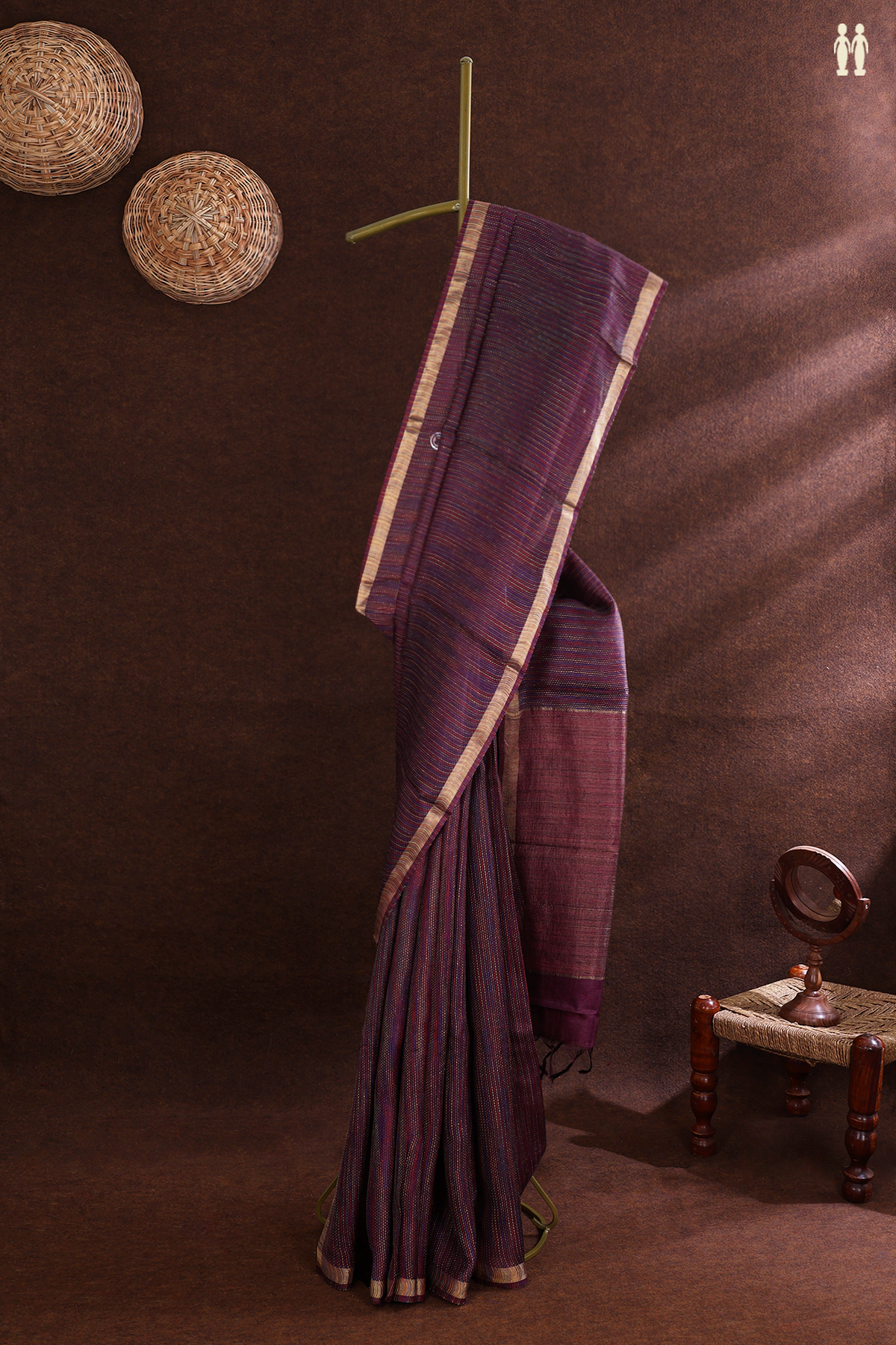 Tussar Silk Saree In Mulberry Maroon With Threadwork Stripes