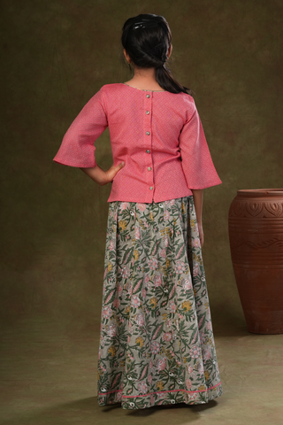 Floral Design Red And Green Jaipur Cotton Top And Skirt Set