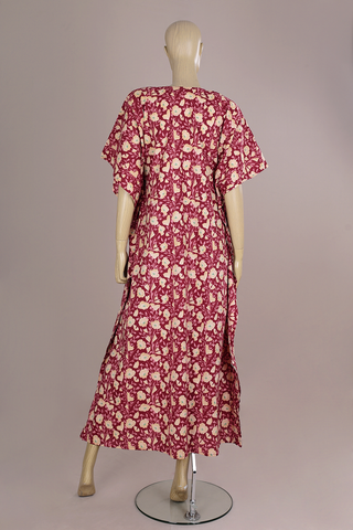 V-Neck Floral Design Deep Mulberry Cotton Long Kaftan