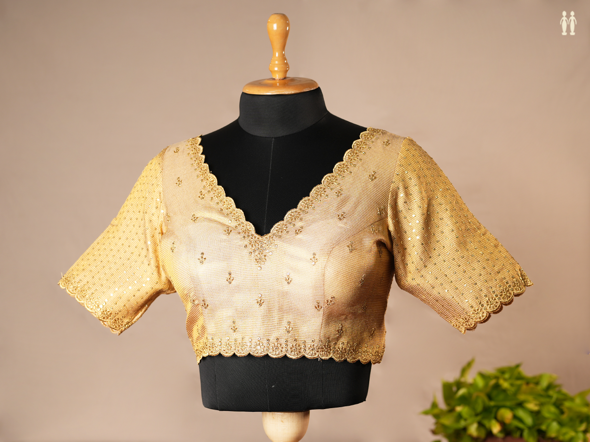 Embroidered Buttas Yellow Semi Banaras Silk Readymade Blouse