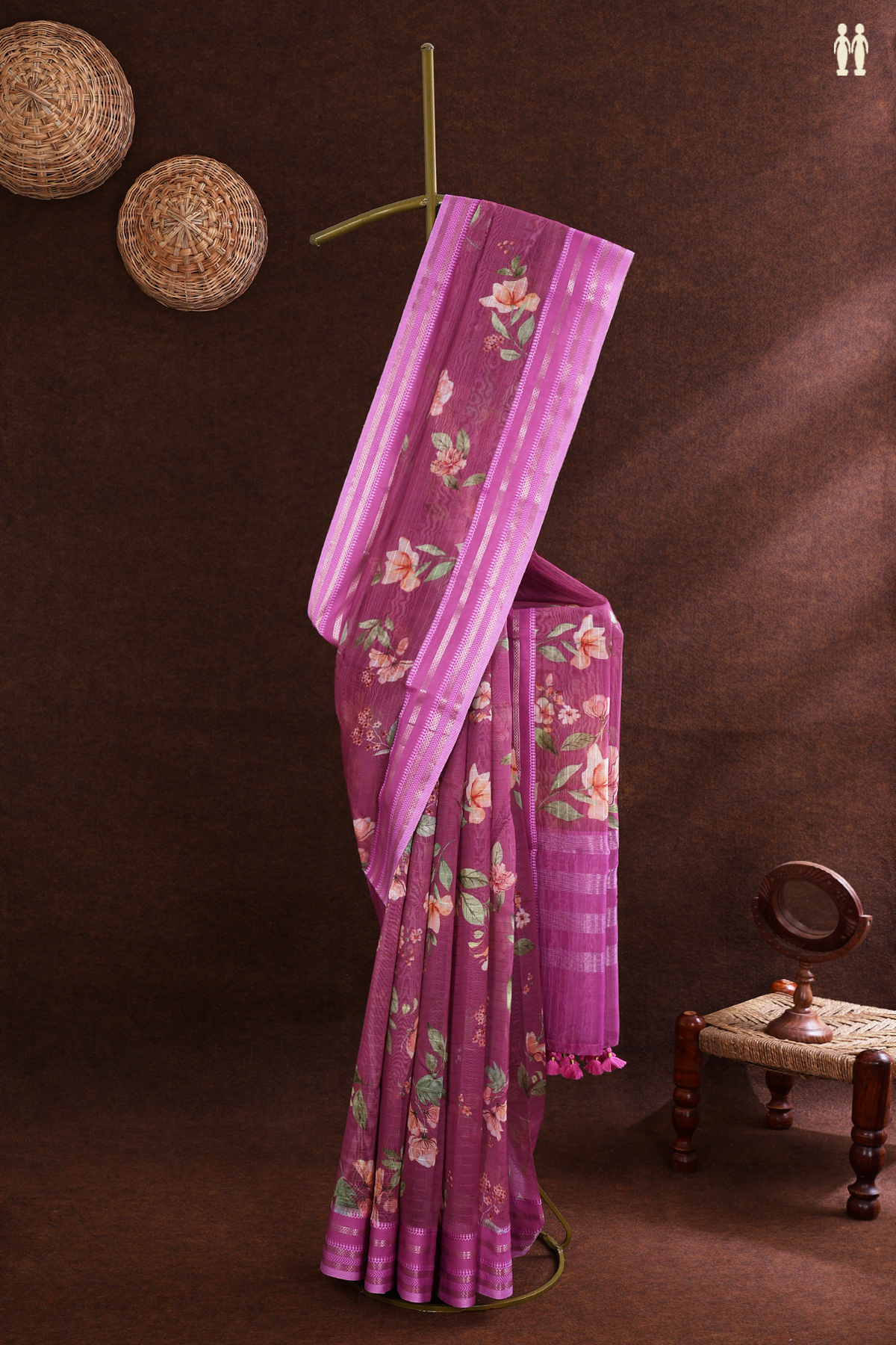 Chanderi Silk Cotton Saree In Mulberry With Floral Printed