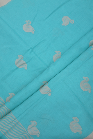 Duck Threadwork Buttas Sea Blue Bengal Cotton Saree