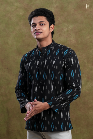 Chinese Collar Stripes Design Black Ikat Cotton Short Kurta