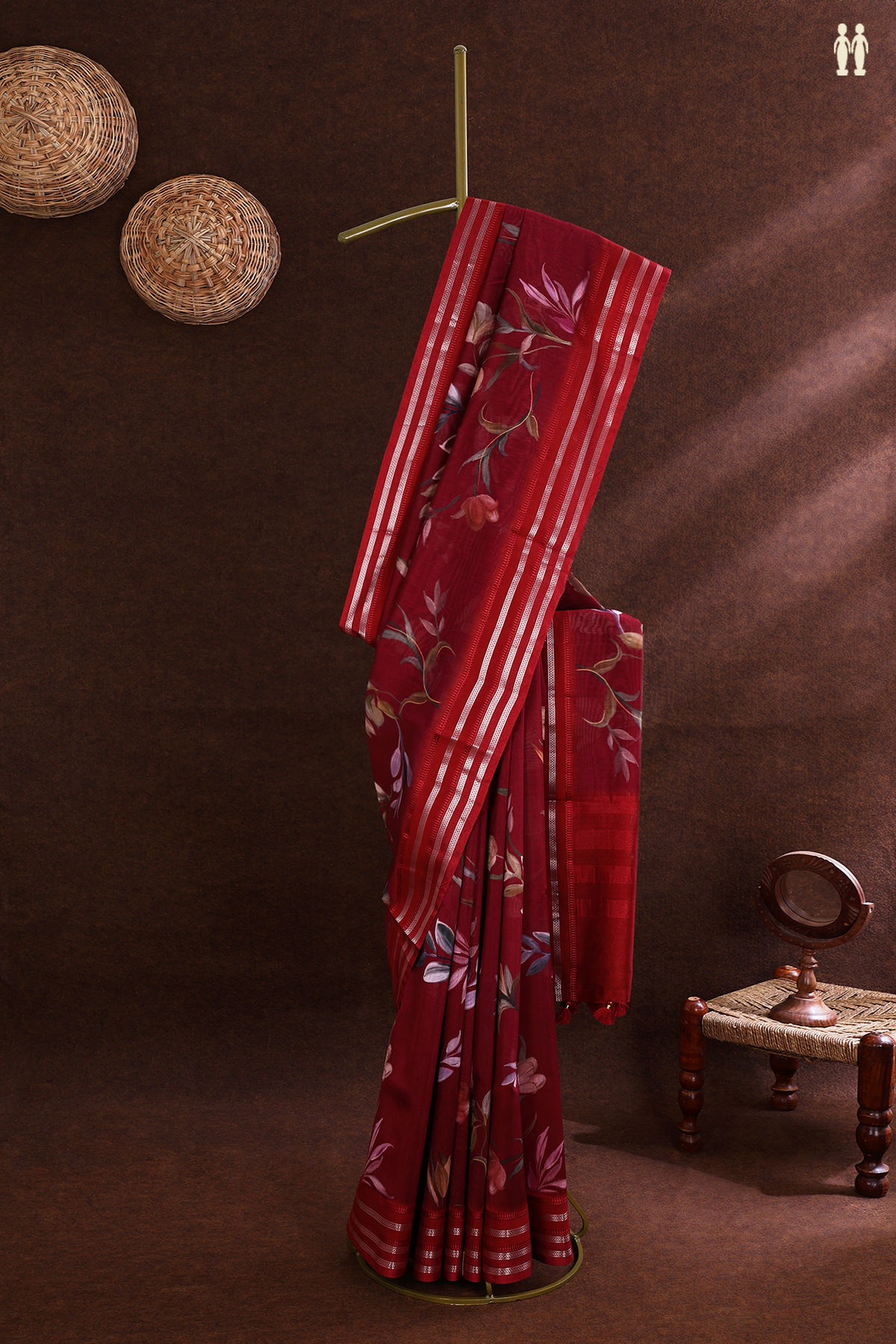 Chanderi Silk Cotton Saree In Berry Red With Floral Printed