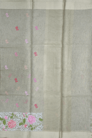 Floral Threadwork Buttas Light Grey Kota Cotton Saree