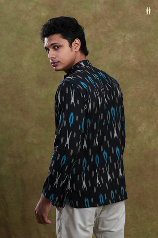 Chinese Collar Stripes Design Black Ikat Cotton Short Kurta