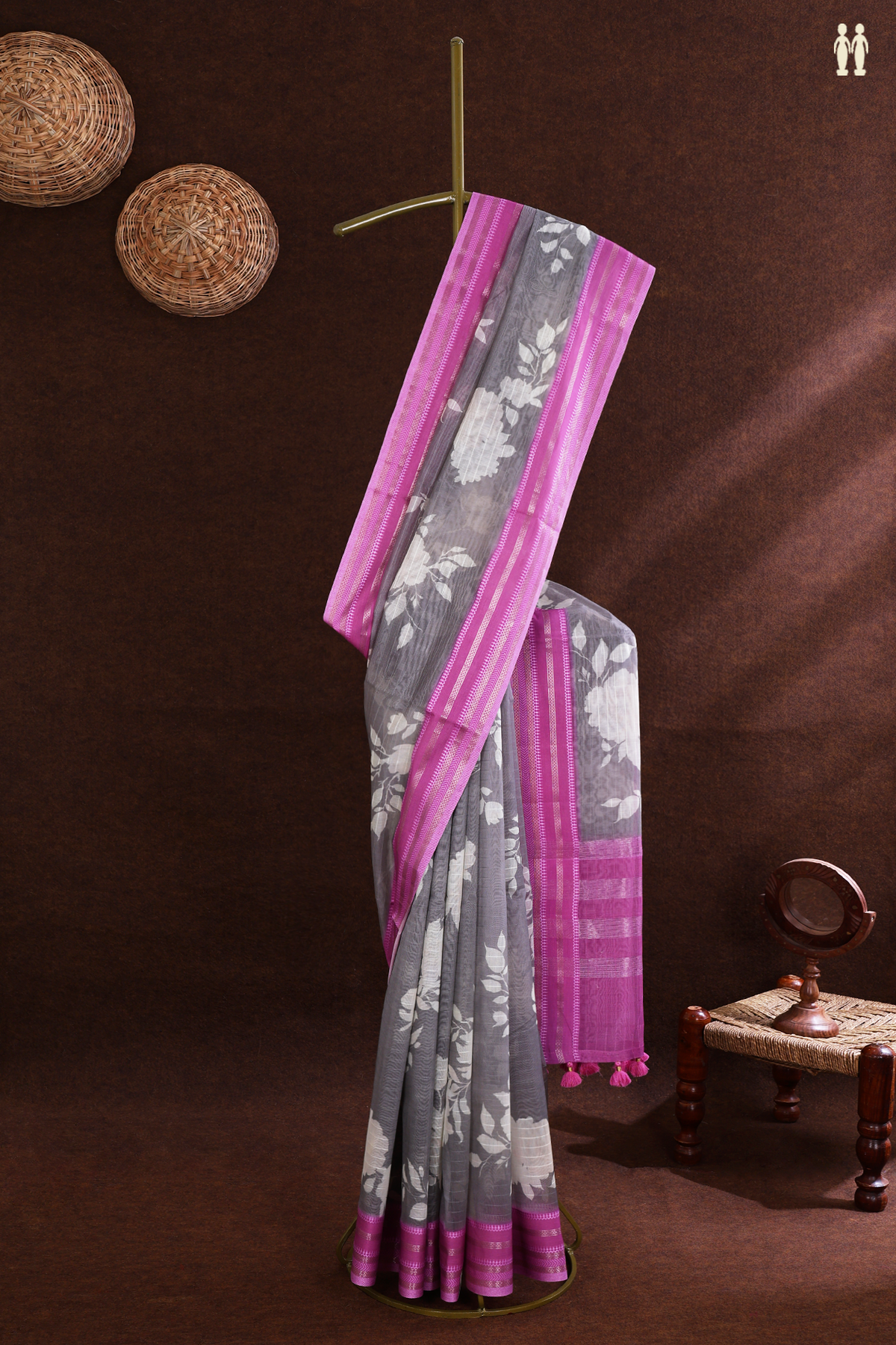 Chanderi Silk Cotton Saree In Light Grey With Floral Printed