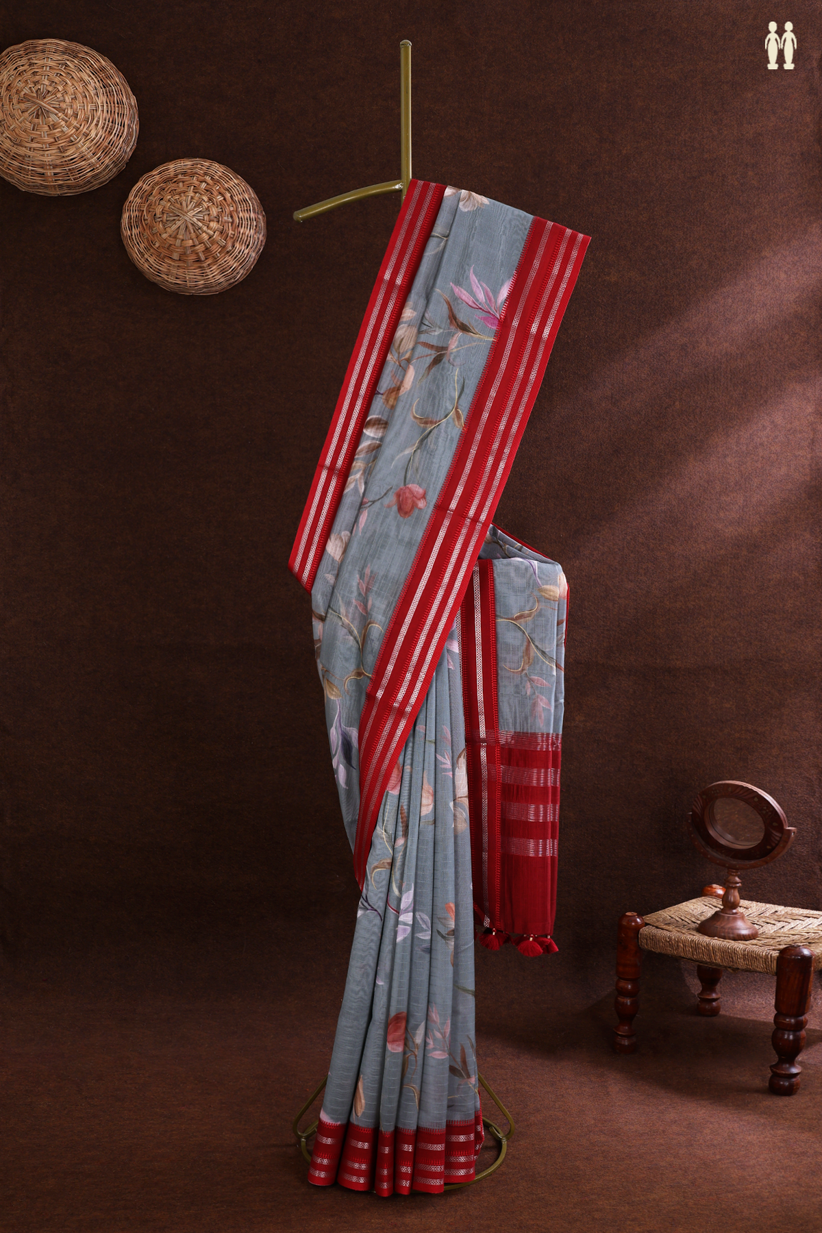 Chanderi Silk Cotton Saree In Steel Grey With Floral Printed