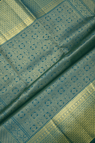 Zari Checked Peacock Green Kanchipuram Silk Saree