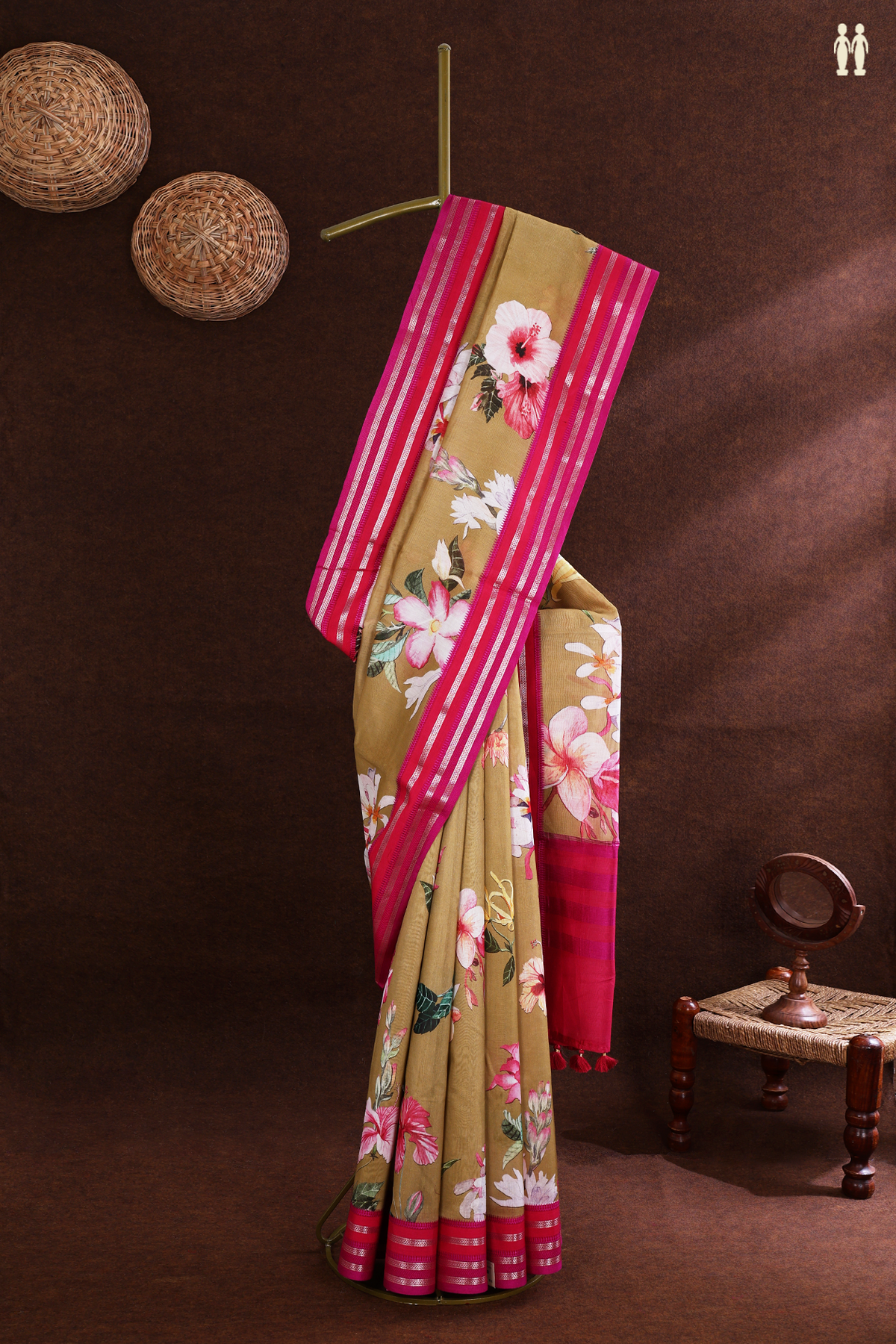 Chanderi Silk Cotton Saree In Dusty Yellow With Floral Print