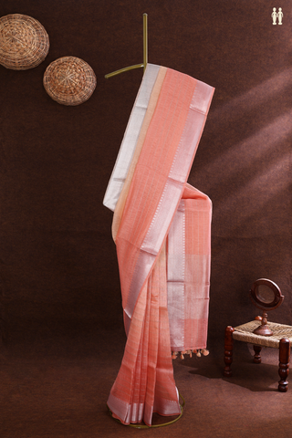 Linen Saree In Orange And Red Along Checks