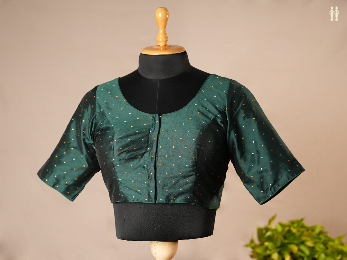 Zari Buttis Dark Green Semi Banaras Silk Readymade Blouse