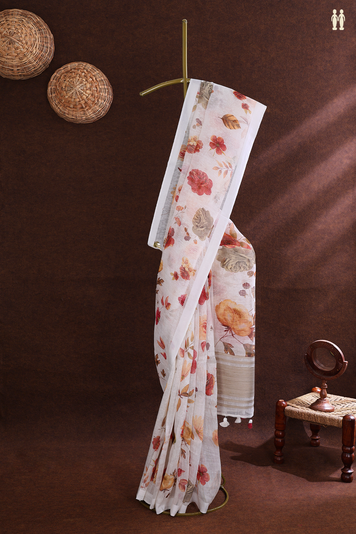 Allover Floral Design White Linen Saree