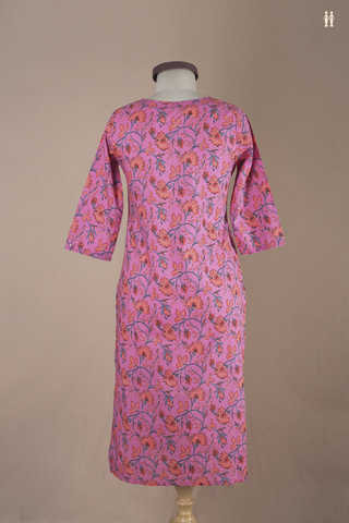 V Neck Floral Design Pink Cotton Long Kurta