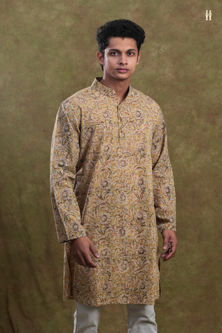 Chinese Collar Floral Design Yellow Kalamkari Long Kurta