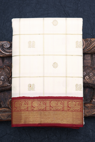 White Floral Printed Silk Saree With Kanjivaram Border | Singhania's