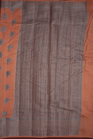 Floral Threadwork Motifs Dusty Orange Raw Silk Saree