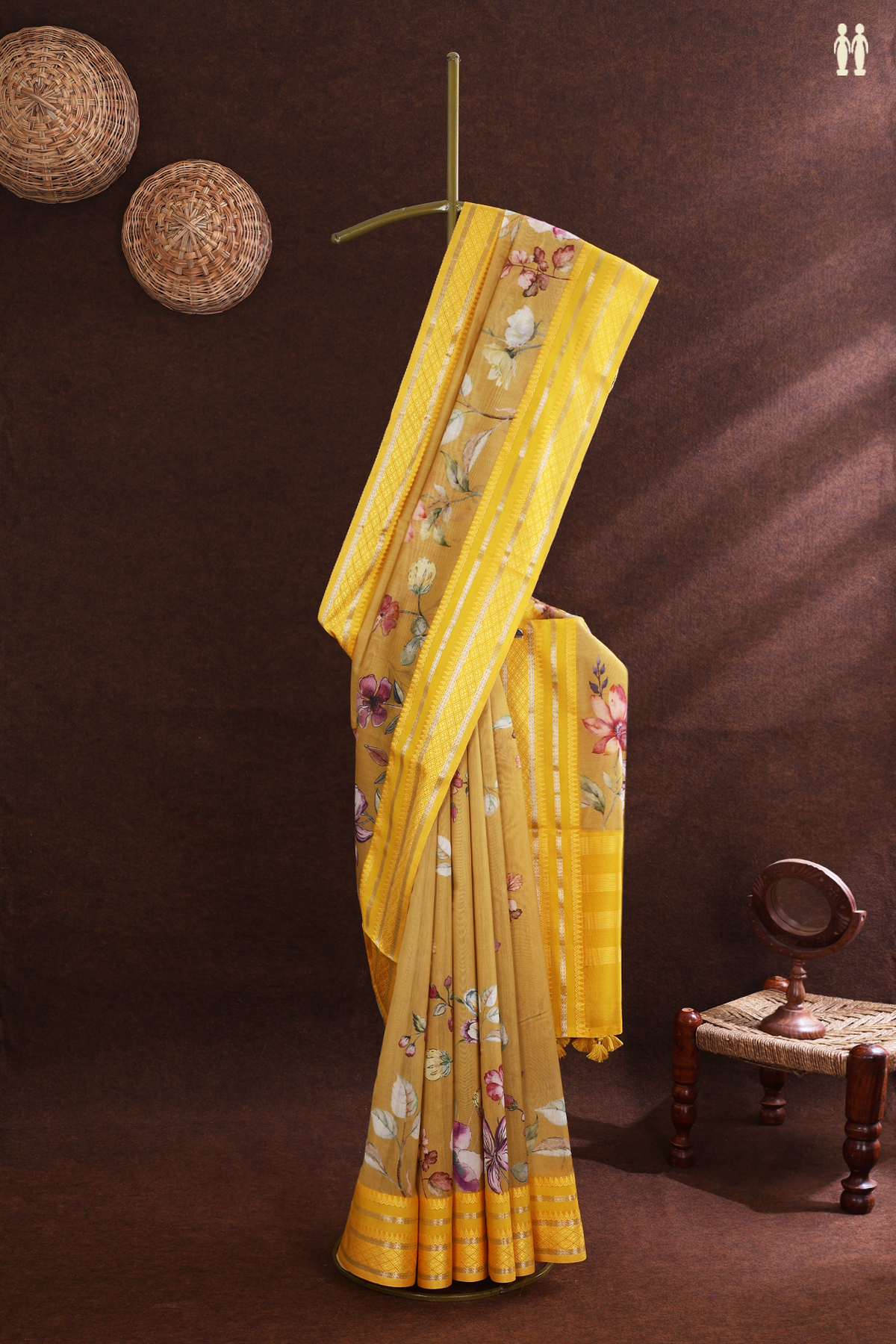 Chanderi Silk Cotton Saree In Yellow With Floral Printed