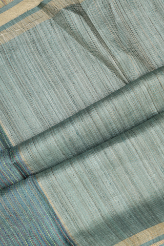 Tussar Silk Saree In Turkish Green With Threadwork Stripes