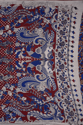 Peacock And Floral Design Royal Blue Kalamkari Cotton Saree