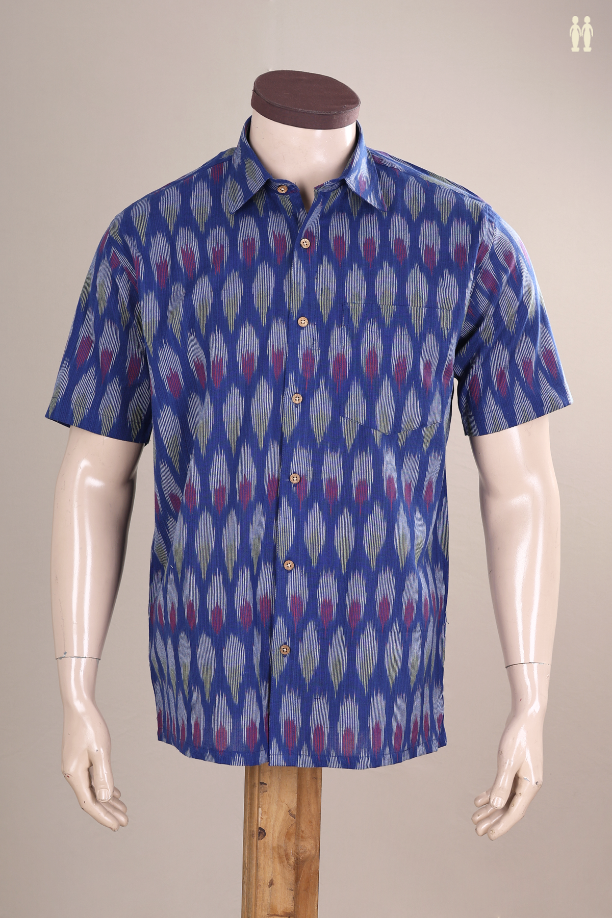 Regular Collar Ikat Design Royal Blue Cotton Shirt