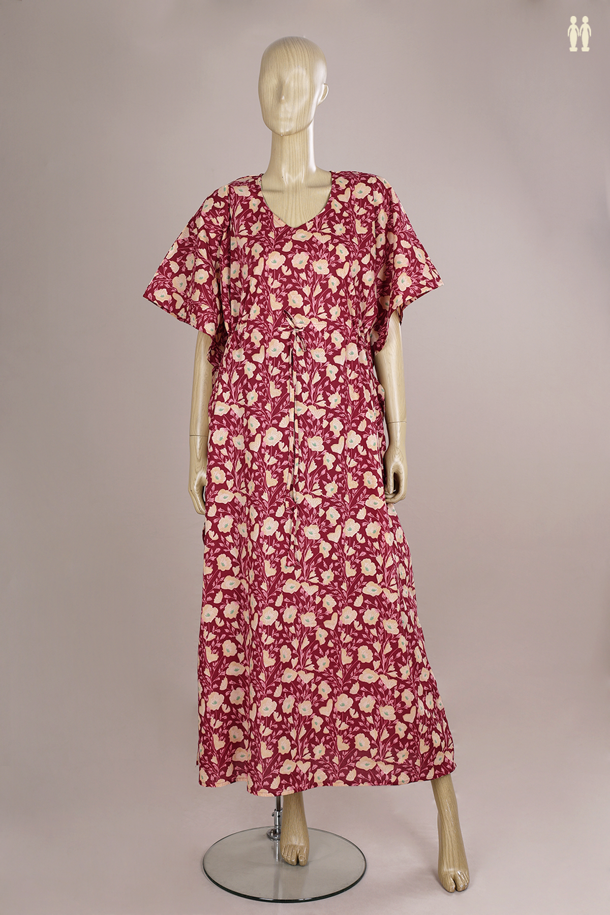 V-Neck Floral Design Deep Mulberry Cotton Long Kaftan