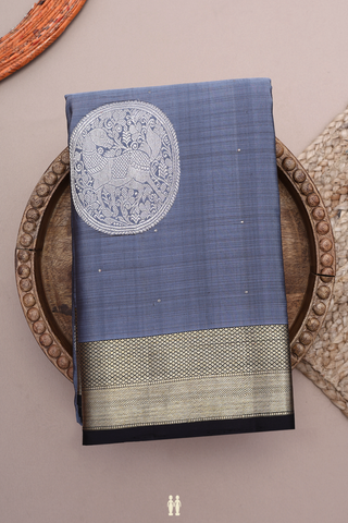 Deer Zari Motifs Steel Blue Kanchipuram Silk Saree