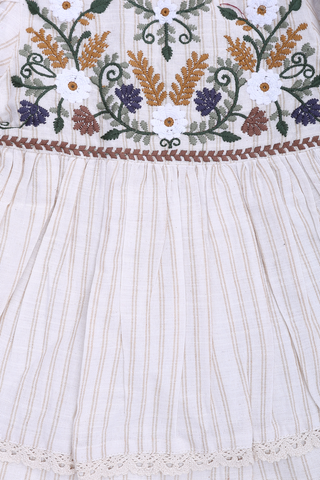 Embroidered Floral Design Egg White Cotton Frock