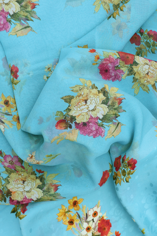 Crepe Saree In Baby Blue With Floral Digital Printed