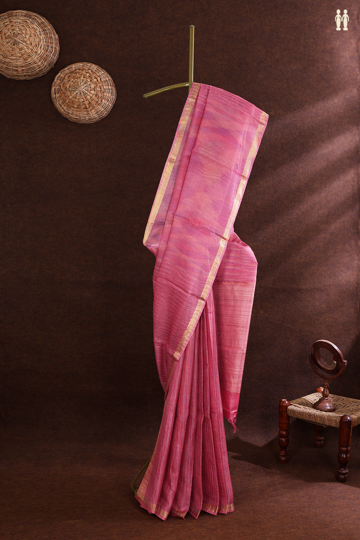 Tussar Silk Saree In Pink With Threadwork Stripes