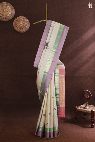 Floral Hand Painted Design Pastel Khaki Kanchipuram Silk Saree