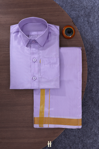 Regular Collar Purple Art Silk Shirt With Velcro Dhoti Set