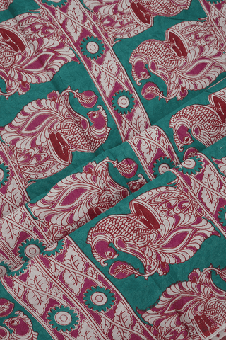 Floral And Peacock Design Punch Pink Kalamkari Cotton Saree