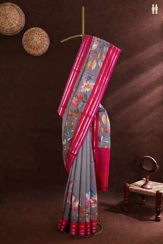 Chanderi Silk Cotton Saree In Steel Grey With Floral Printed