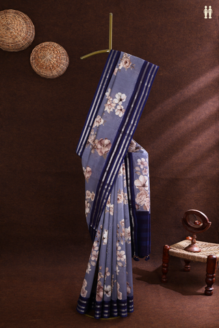 Chanderi Silk Cotton Saree In Steel Blue With Floral Printed