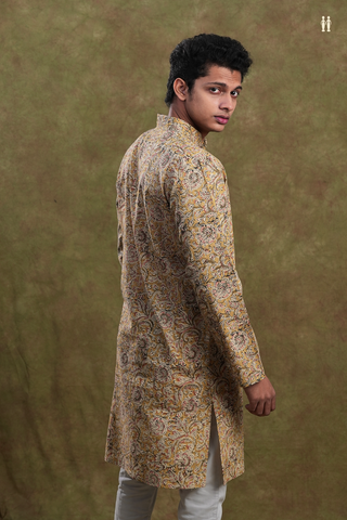 Chinese Collar Floral Design Yellow Kalamkari Long Kurta