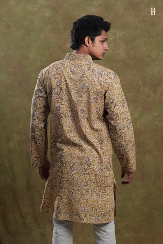 Chinese Collar Floral Design Yellow Kalamkari Long Kurta