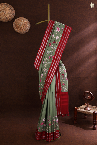 Chanderi Silk Cotton Saree In Sage Green With Floral Printed