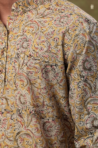 Chinese Collar Floral Design Yellow Kalamkari Long Kurta