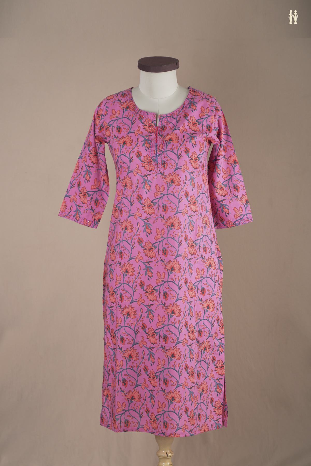 V Neck Floral Design Pink Cotton Long Kurta