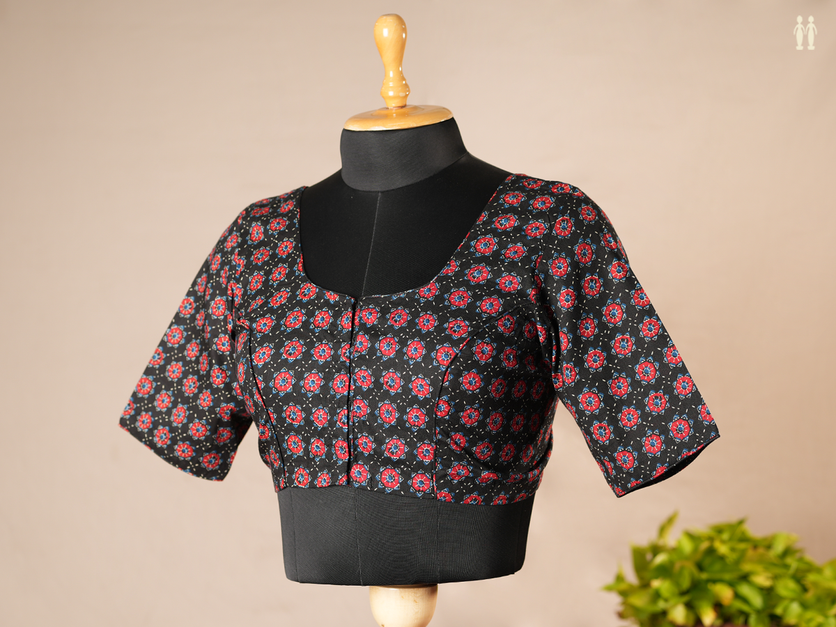 Floral Design Black Ajrakh Cotton Readymade Blouse