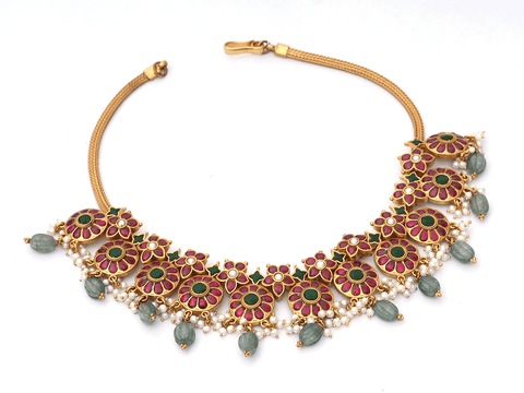 Floral Design With Beads Gold-Plated Silver Necklace