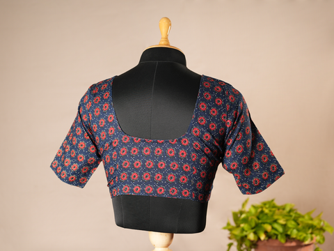 Floral Design Oxford Blue Ajrakh Cotton Readymade Blouse