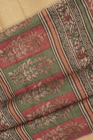 Allover Floral Design Light Tan Chanderi Cotton Saree