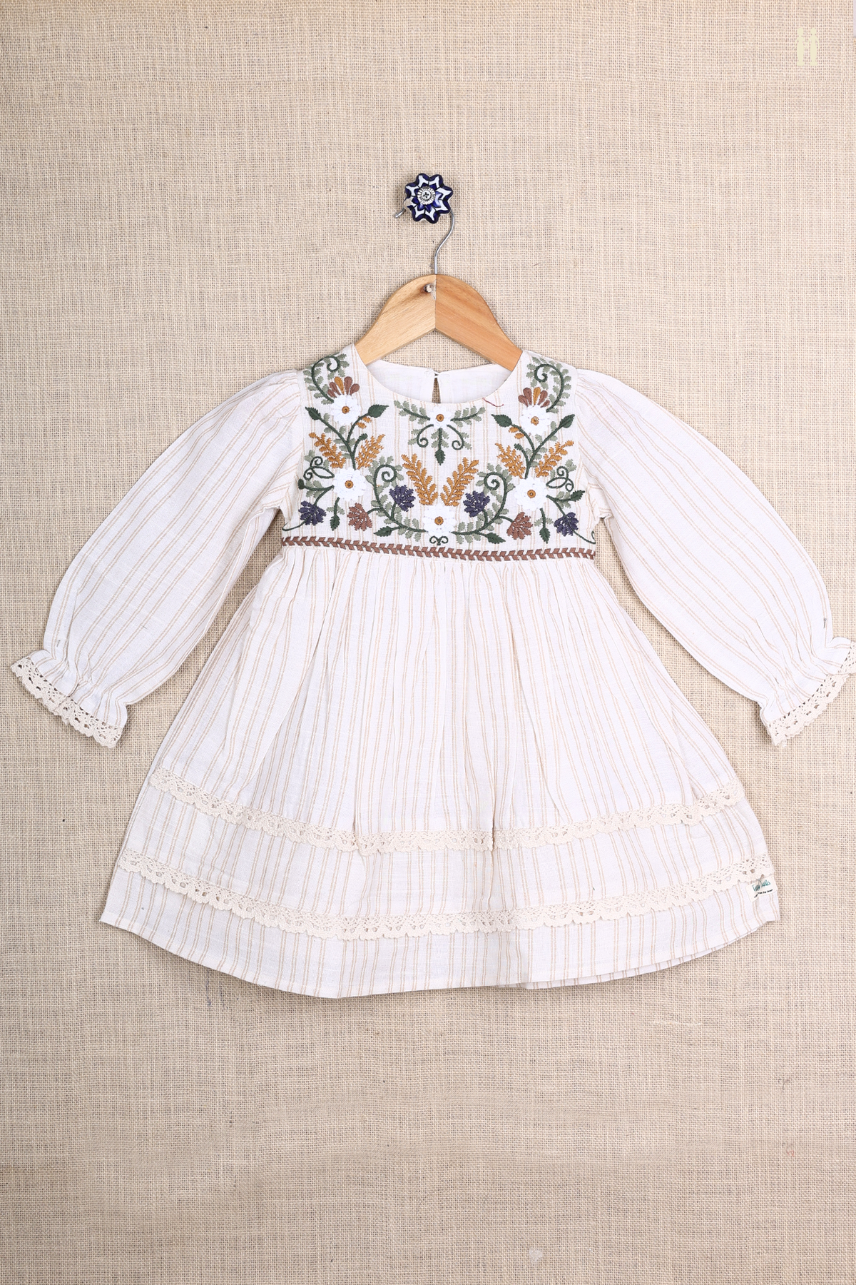 Embroidered Floral Design Egg White Cotton Frock